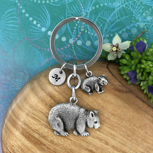 Wombat Mother & Baby Keyring with Optional Personalised Initial Charm & Optional Natural Gemstone Charm